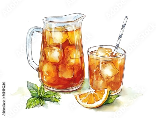 Watercolor Illustration of Iced Tea with Lemon and Mint - Hand-Painted Refreshing Drink Art