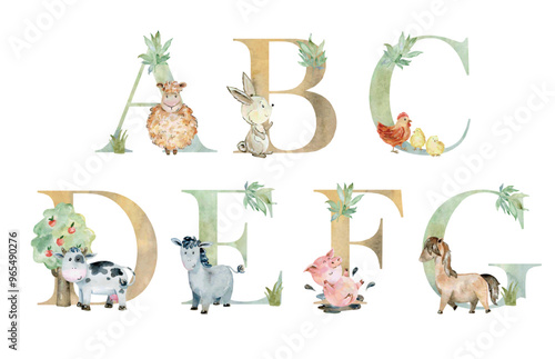 Vector watercolor farm animals letters for invitation card, nursery poster and other.