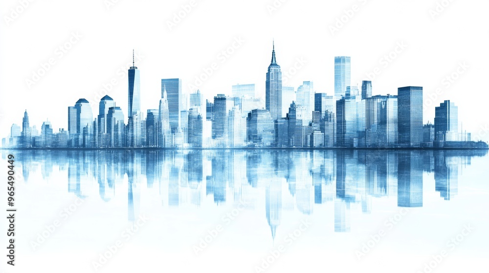 Obraz premium White background, New York City skyline, blue and white color theme, transparent glass buildings, 
