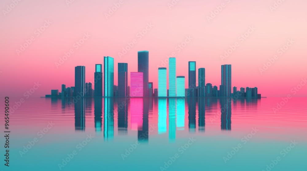 Fototapeta premium Glowing Horizon: Futuristic Urban Cityscape with Neon Lights in Ultra HD