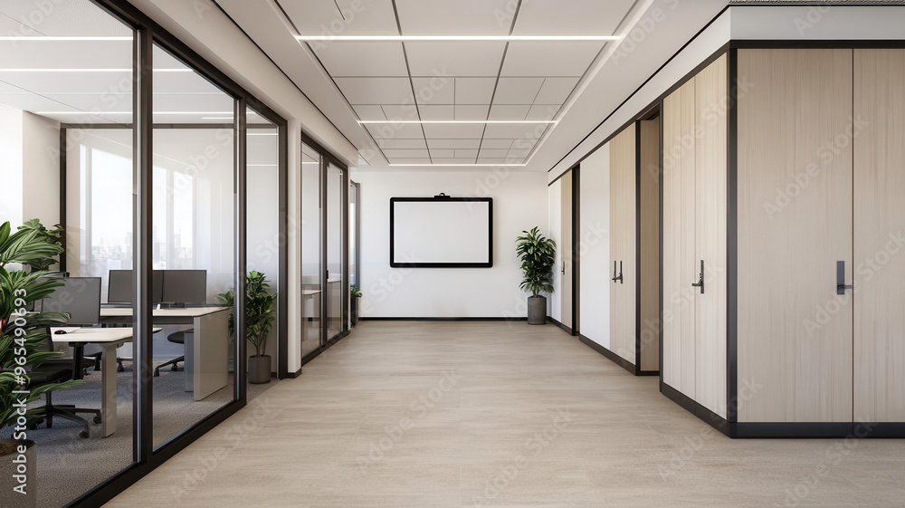 Fototapeta premium Hybrid office space with flexible workstations, video conferenci
