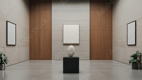 Futuristic Modern Art Gallery with Abstract 3D Sculptures in Ray Tracing Clean Space Ultra HD Render photo