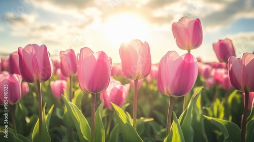 A field of pink tulips under a bright spring sky, symbolizing beauty, growth, and the arrival of spring