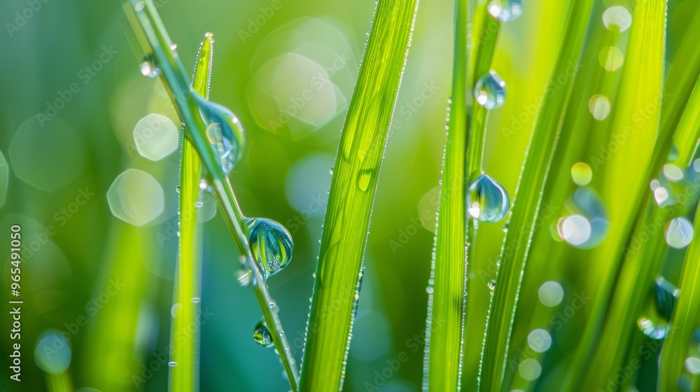 Fototapeta premium Morning dew forming delicate beads on spring grass