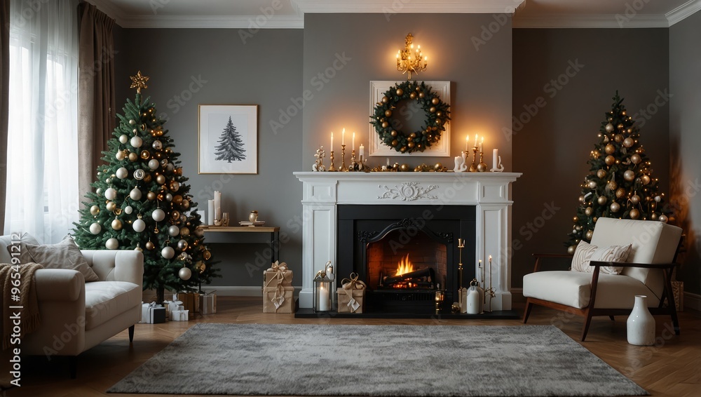 Stylish room interior with beautiful Christmas tree and decorative fireplace Stylish room interior with beautiful Christmas tree and decorative fireplace