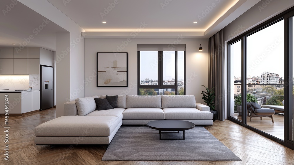 Fototapeta premium Sophisticated Luxury Apartment with Modern Decor, Ray Tracing, and Abundant Natural Light in