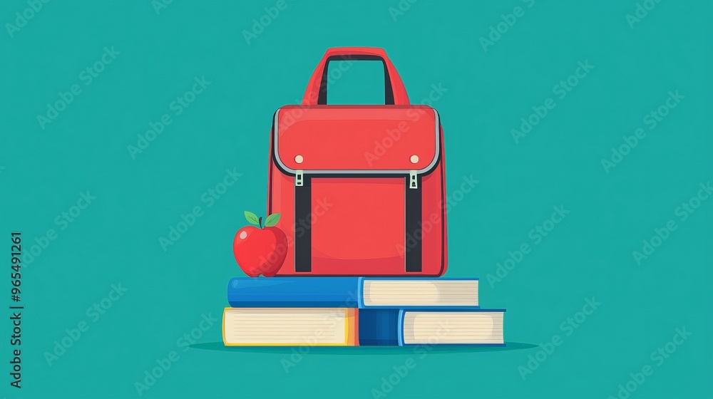 Illustration of a red backpack placed behind stacked books and an apple, all arranged neatly on a teal background Illustration of a red backpack placed behind stacked books and an apple, all arranged neatly on a teal background