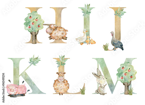 Vector watercolor farm animals letters for invitation card, nursery poster and other.