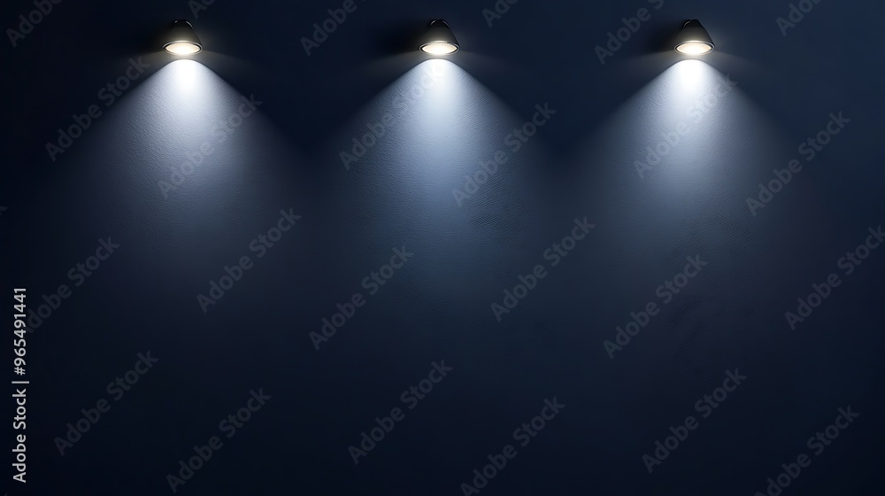 Rich navy wall illuminated by three spotlights from above at different angles, offering a soft glow and space for your design or text. Rich navy wall illuminated by three spotlights from above at different angles, offering a soft glow and space for your design or text.
