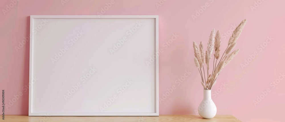 A blank picture frame and a vase with dried flowers on a wooden surface, set against a soft pink wall, evoke a sense of simplicity and elegance. A blank picture frame and a vase with dried flowers on a wooden surface, set against a soft pink wall, evoke a sense of simplicity and elegance.