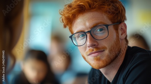 A man with glasses and red hair is talking to a group of children