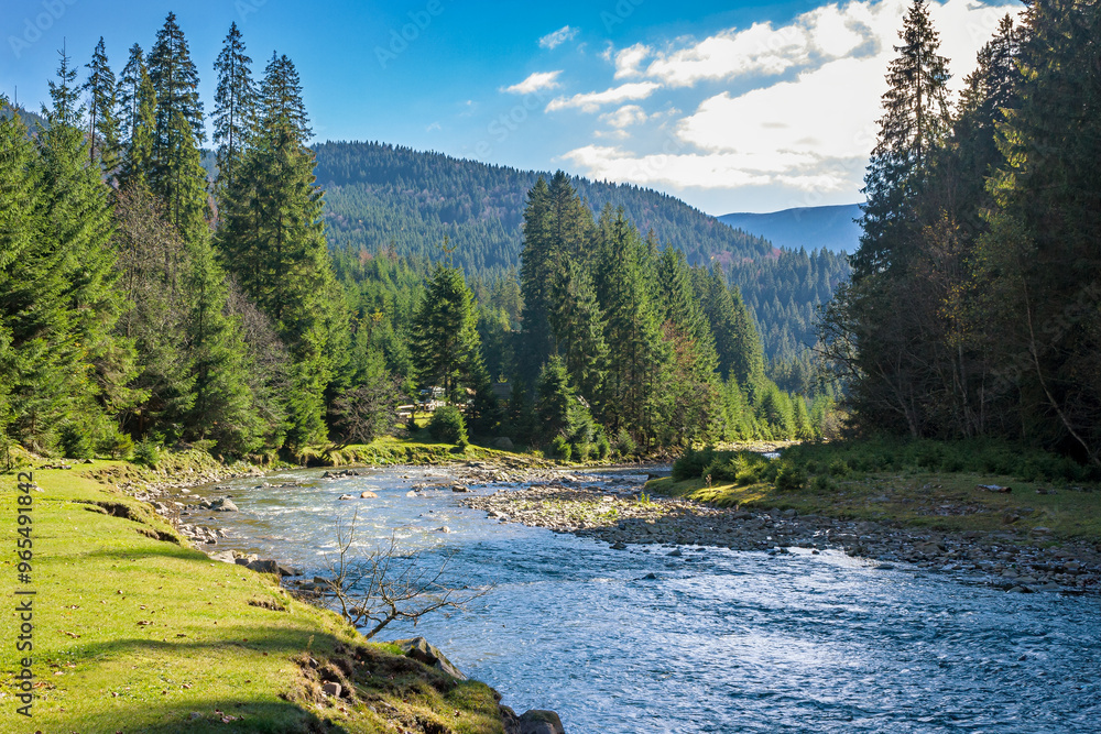landscape with mountains, forest and a river in front. beautiful scenery in autumn landscape with mountains, forest and a river in front. beautiful scenery in autumn