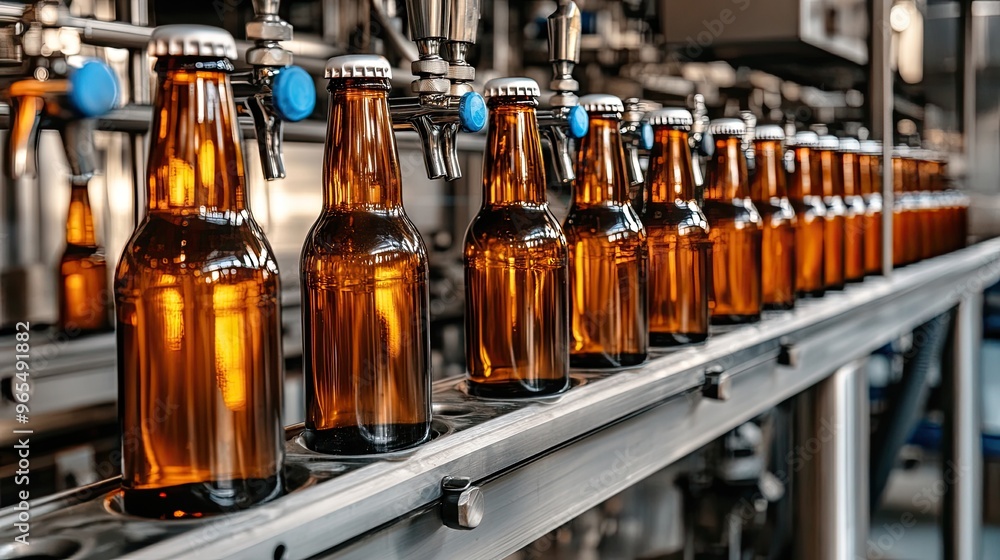Cigarette-brown glass beer bottles travel swiftly on a conveyor belt in a factory setting, reflecting natural light in an industrial environment focused on efficient packaging Cigarette-brown glass beer bottles travel swiftly on a conveyor belt in a factory setting, reflecting natural light in an industrial environment focused on efficient packaging