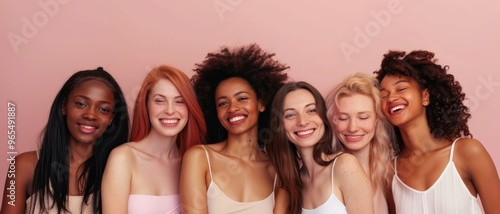 A diverse group of six women stand together, smiling and radiating joy and unity against a light pink background, celebrating friendship and diversity.