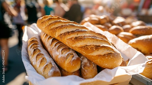 A fresh baguette is displayed amid vibrant stalls at a bustling market photo