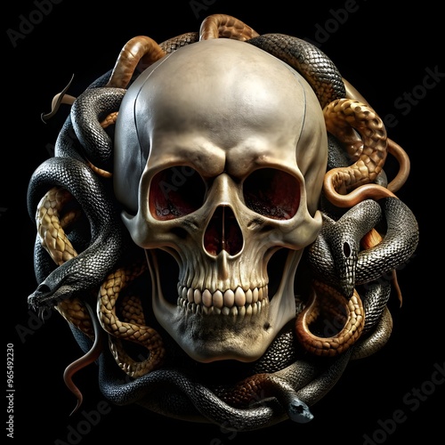 human skull with snakes isolated on black background