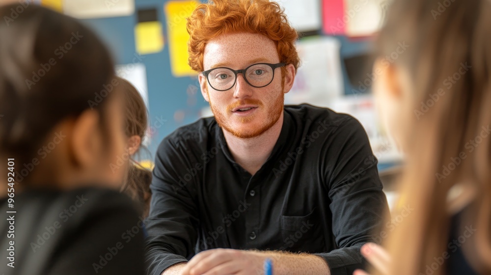 A man with glasses and red hair is talking to a group of children A man with glasses and red hair is talking to a group of children