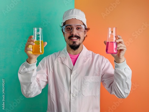 Scientist conducting an experiment with impractical ingredients, colorful lab, medium shot, quirky expression, sense of fun, playful chaos, whimsical setup, photo