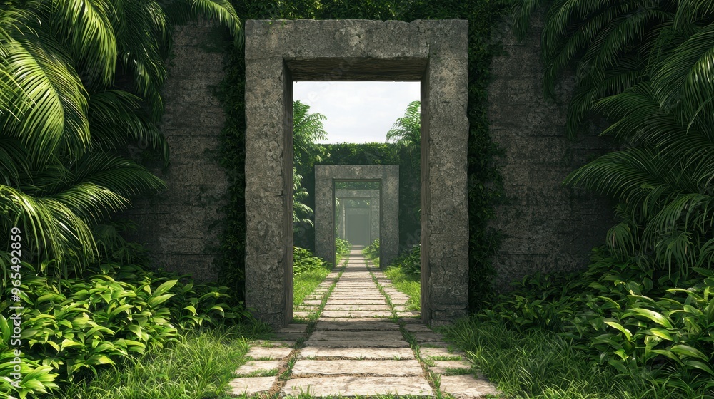 Obraz premium Mystical Ancient Ruins Engulfed in Lush Vegetation -