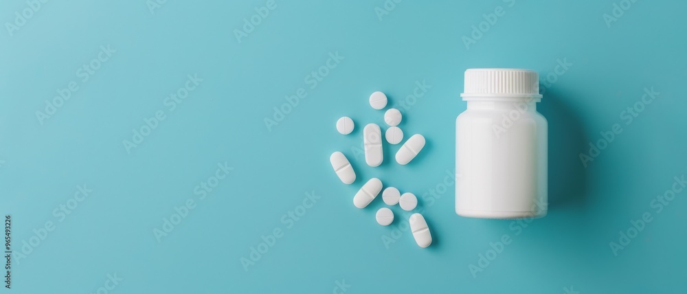 A white pill bottle and scattered white pills are set against a bright turquoise background, creating a vibrant and eye-catching healthcare-themed image. A white pill bottle and scattered white pills are set against a bright turquoise background, creating a vibrant and eye-catching healthcare-themed image.