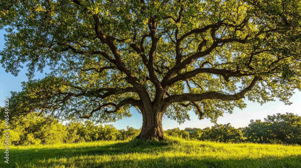 A majestic oak tree with sprawling branches, surrounded by lush green grass and a clear blue sky on a sunny day A majestic oak tree with sprawling branches, surrounded by lush green grass and a clear blue sky on a sunny day