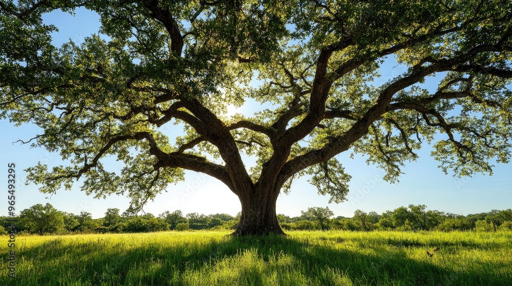 A majestic oak tree with sprawling branches, surrounded by lush green grass and a clear blue sky on a sunny day A majestic oak tree with sprawling branches, surrounded by lush green grass and a clear blue sky on a sunny day