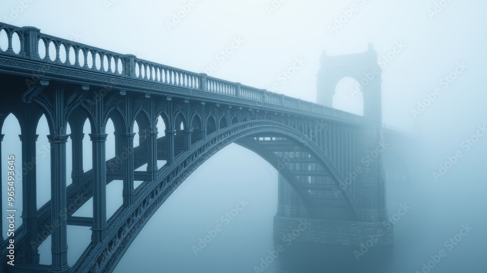Enigmatic Gothic Bridge Shrouded in Fog - Model Creating an Eerie Atmosphere Enigmatic Gothic Bridge Shrouded in Fog - Model Creating an Eerie Atmosphere