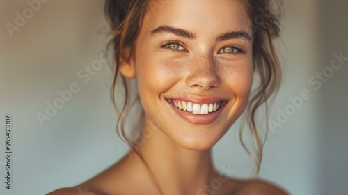 Smiling young woman with radiant skin, natural makeup, and soft lighting