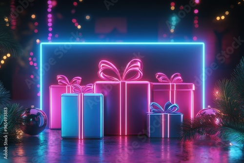 3d representation illustrating cyber monday online purchasing, neon brightness, and radiant gift packages