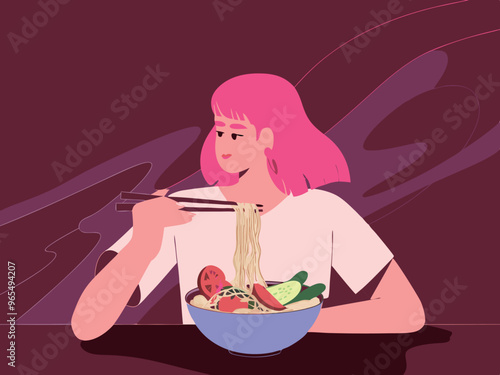 Woman Enjoying Noodles with Vegetables