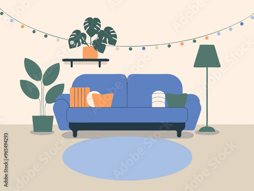 Cozy Living Room with Blue Sofa and Plants