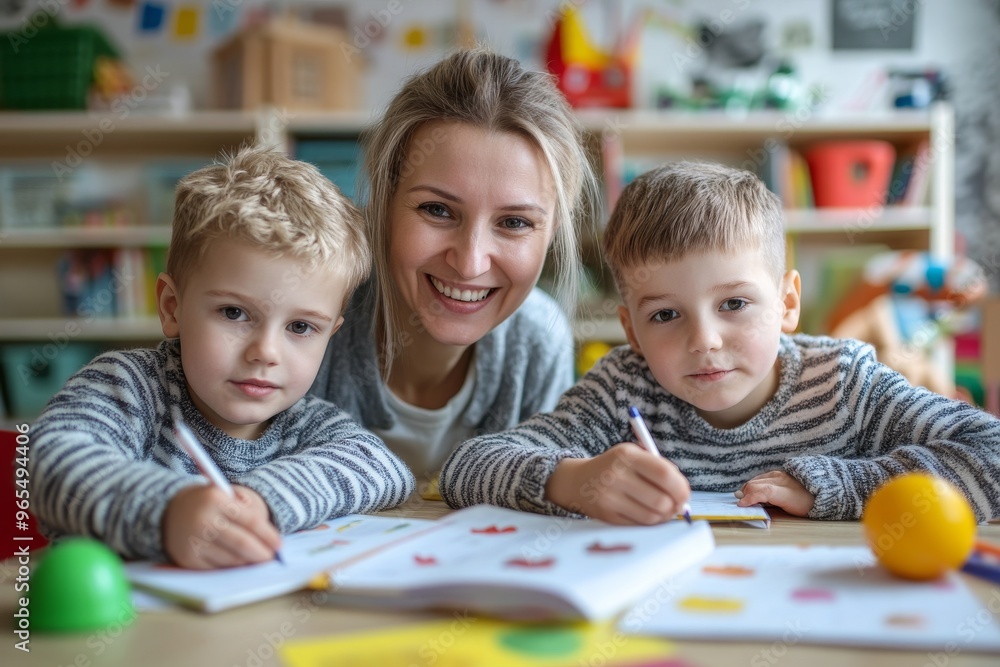Happy Family Moment with Twins Studying at Home Happy Family Moment with Twins Studying at Home