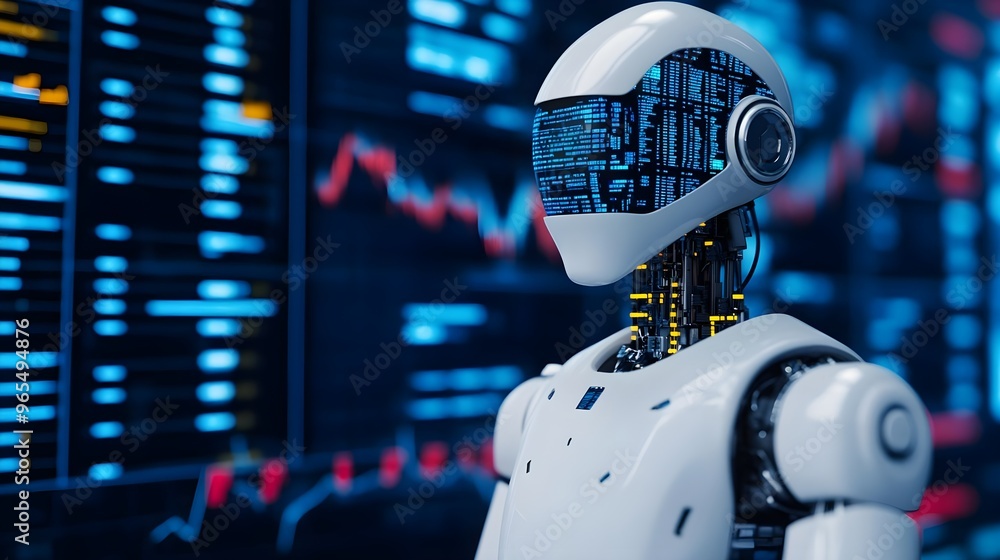 AI Robot Analyzing Data on Stock Market Screen AI Robot Analyzing Data on Stock Market Screen