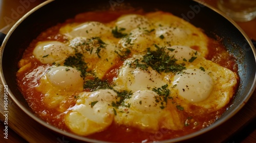 A bubbling hot shakshuka with eggs, tomatoes, and peppers