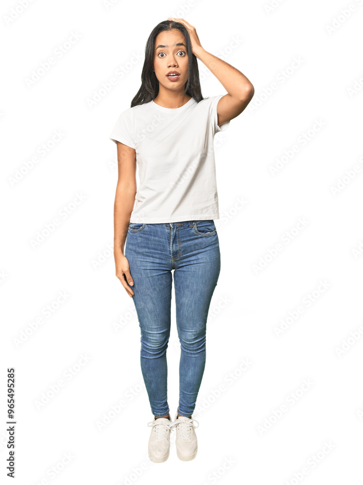 Obraz premium Full body shot of Latina in studio being shocked, she has remembered important meeting.
