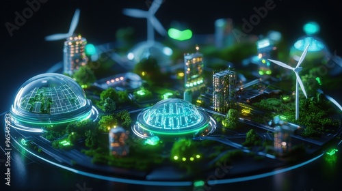 A detailed 3D illustration of a futuristic city powered entirely by renewable energy. Wind turbines, solar panels, and biogas plants are interconnected in a circular system. The design highlights photo