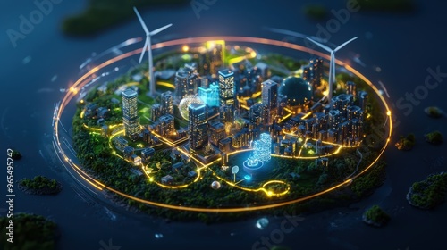 A detailed 3D illustration of a futuristic city powered entirely by renewable energy. Wind turbines, solar panels, and biogas plants are interconnected in a circular system. The design highlights