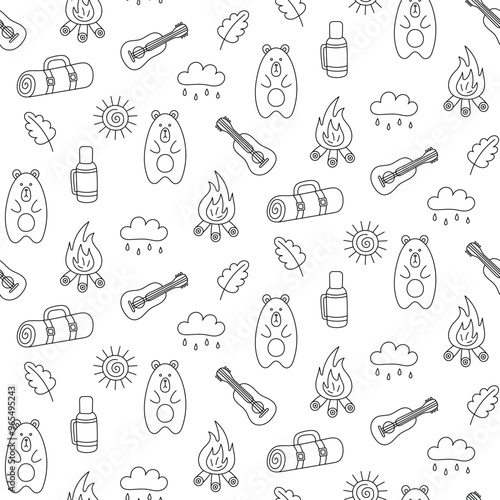 Seamless Doodle Pattern with Bear and Bonfire. Hand drawn. Black and white line art. Hand drawn. For textiles, clothes, backgrounds, postcards. Travel, hiking and camping concept. Vector illustration.