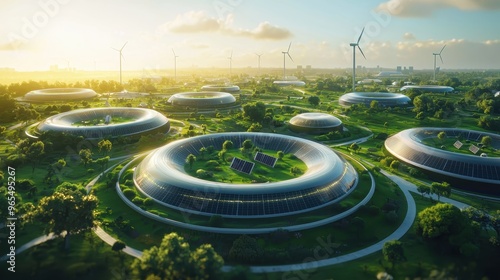 A vibrant 3D scene of a solar energy farm arranged in a circular pattern. Solar panels spiral outward, connecting to an energy hub that recycles and redistributes power with zero waste. In the photo