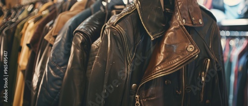 A hanging display of leather jackets in various styles and colors, capturing the diverse fashion and craftsmanship.