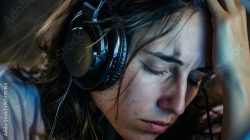 Tired woman wearing headphones while working on computer at home photo