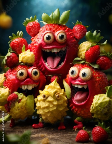 A group of animated strawberry characters with expressive faces, surrounded by other fruits, creating a fun and energetic atmosphere. Perfect for themes related to fruit, food fun, and children