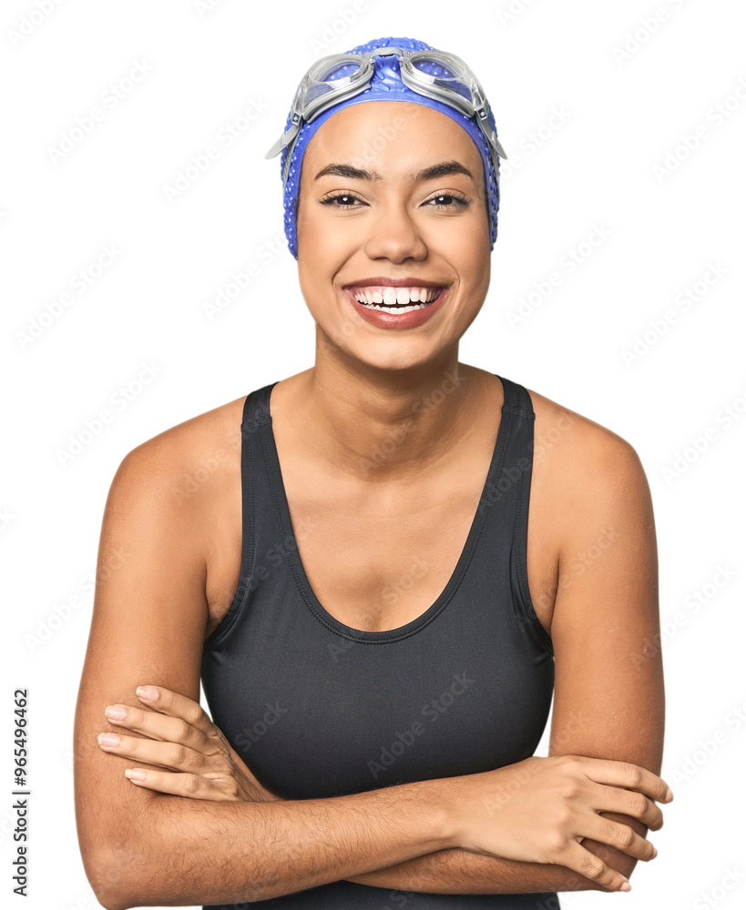 Pro Latina swimmer in studio gear laughing and having fun. Pro Latina swimmer in studio gear laughing and having fun.