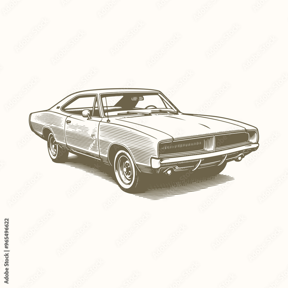 Naklejka premium Detailed Vintage Car, Retro Automobile Engraving Illustration