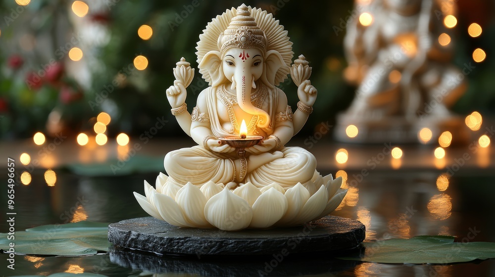 Fototapeta premium Ganesha Statue on Lotus Flower with Candle Light and Bokeh Lights