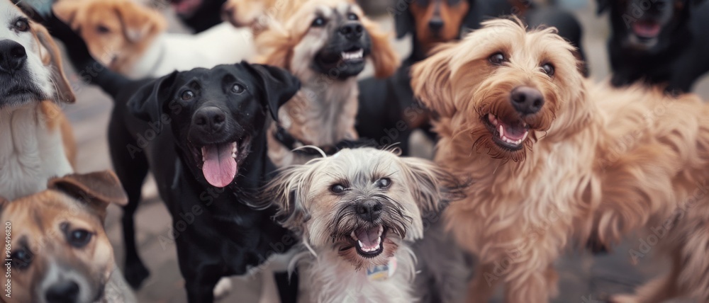 A joyful group of dogs with varying breeds, gathered together outdoors, their expressive faces radiating happiness and playful energy. A joyful group of dogs with varying breeds, gathered together outdoors, their expressive faces radiating happiness and playful energy.