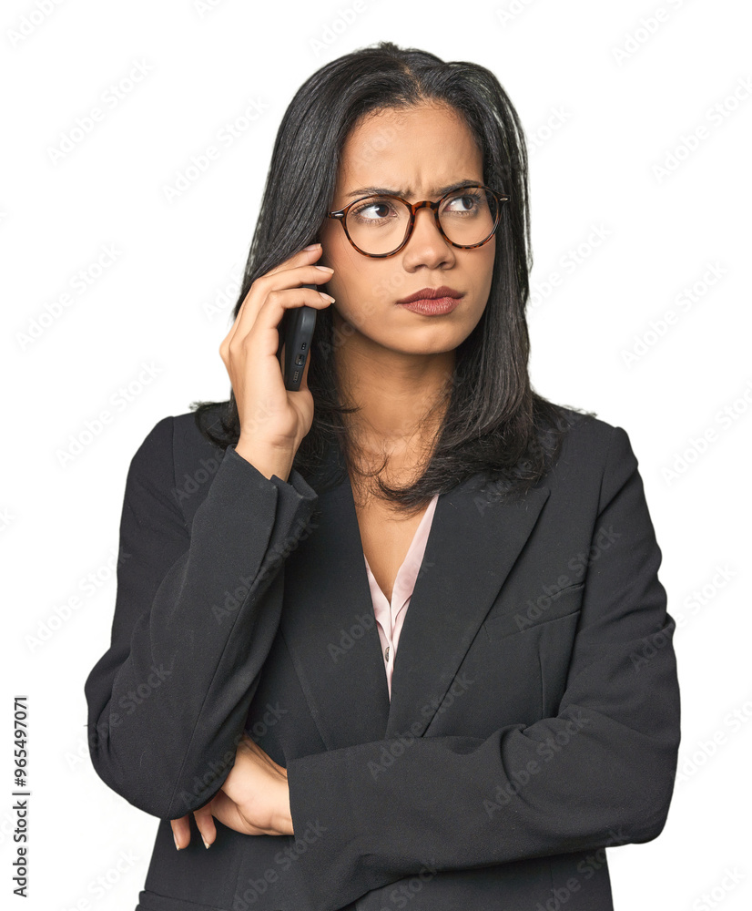 Young Latina businesswoman talking on phone in studio Young Latina businesswoman talking on phone in studio