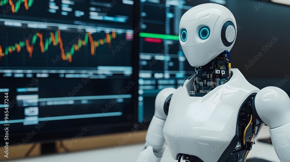 AI Robot Analyzing Stock Market Data AI Robot Analyzing Stock Market Data