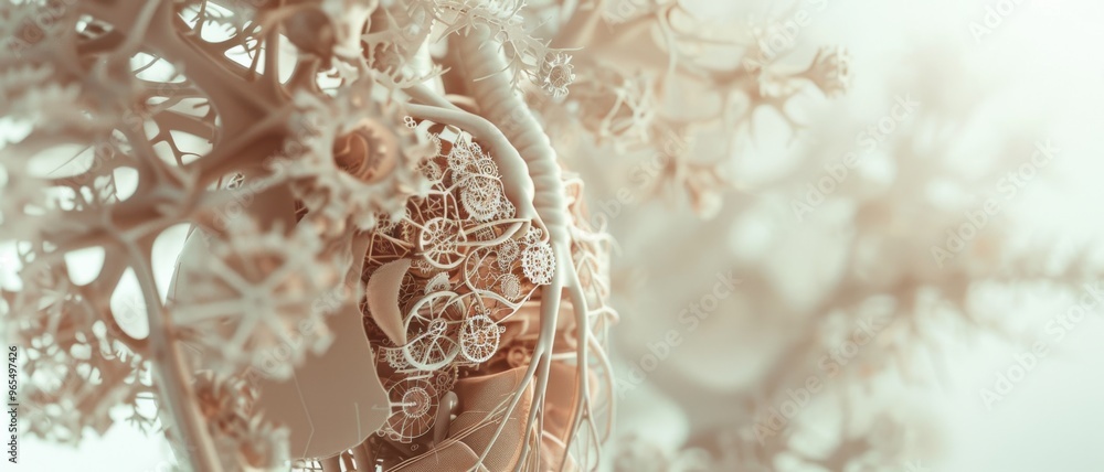 Naklejka premium A delicate structure of an organic heart linked with intricate gears, reflecting a harmonious blend of biological elements and mechanical precision.