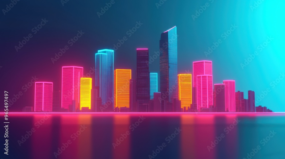 Futuristic Holographic Cityscape with Glowing Skyscrapers in Cyberpunk Style - with Neon Lights Futuristic Holographic Cityscape with Glowing Skyscrapers in Cyberpunk Style - with Neon Lights